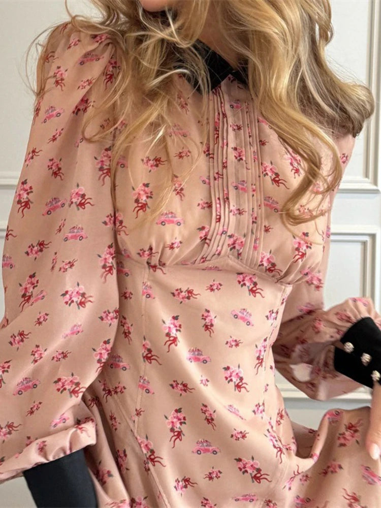 LIZAKOSHT  -  Fashion Printing Contrast Mini Dress For Women Turndown Collar High Waist Pleats Shirt Sleeve Patchwork Women's Mini Dress