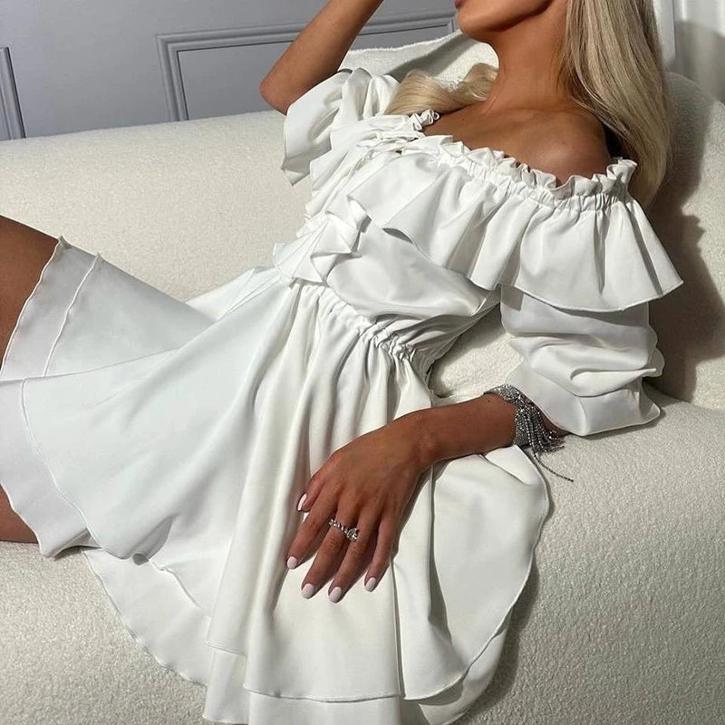 LIZAKOSHT  -  Casual Pleat White Mini Dress Elegant V-neck Flared Sleeve A-Line Dress Women Fashion Drawstring Design Ruffle Short Dress