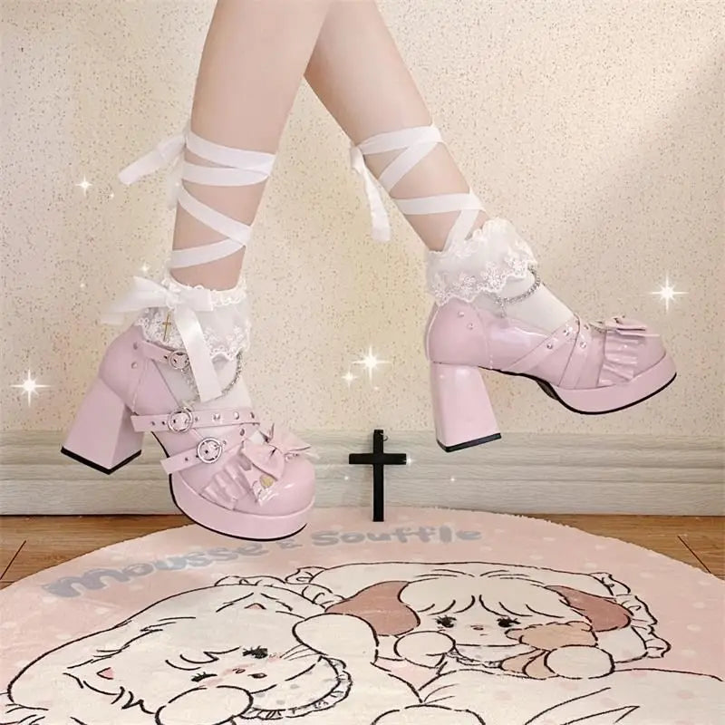 LIZAKOSHT  -  Spring Women Pumps Lolita Mary Jane Platform Chunky High Heel Ladies Sandals Female Sweet Bow-knot Round Toe Ankle Straps Shoes