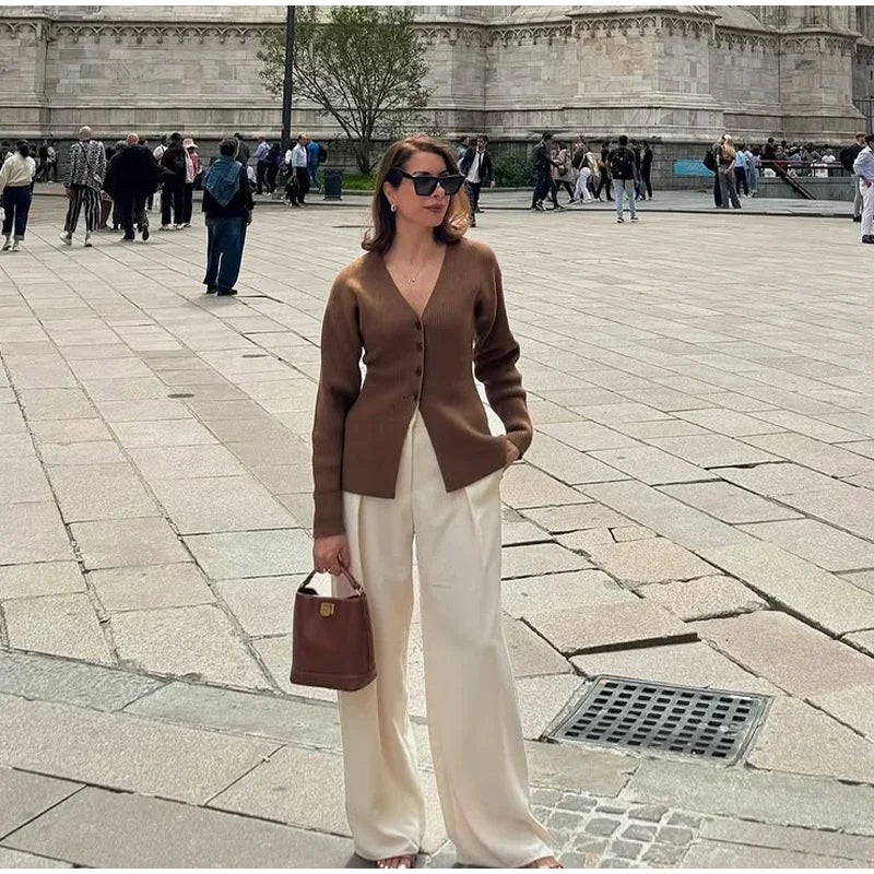 LIZAKOSHT  -  Fashion Solid V-neck Knitted Cardigan Women Solid Full Sleeve Single Breasted Slim  Cardigan 2025 Lady Early Autumn Chic Outwear