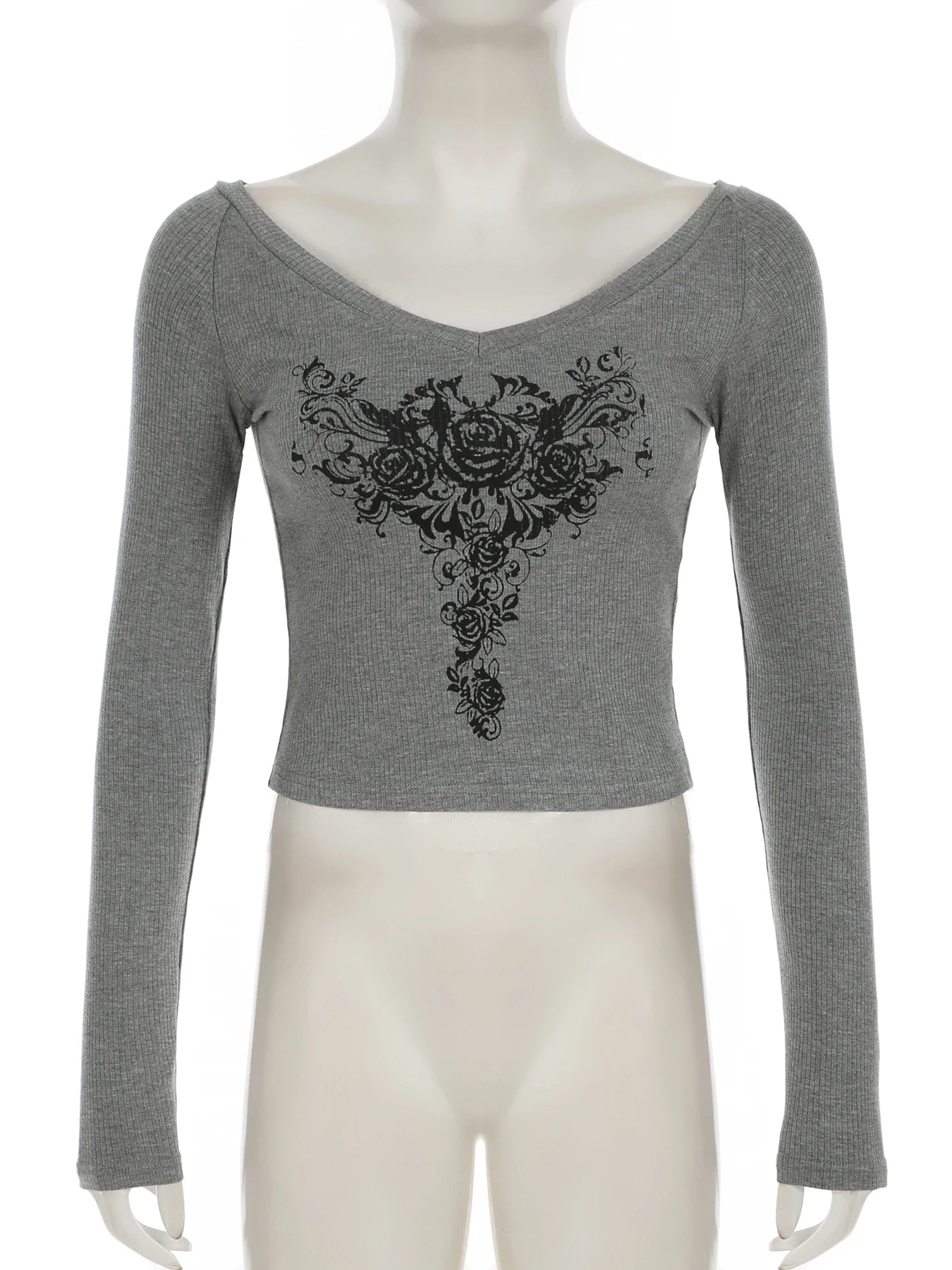 LIZAKOSHT  -  Gothic Graphic Prints Knit T-shirts Aesthetic Gray V- Neck Long Sleeve Tees Vintage Top Y2k Women's Clothes Autumn 2024