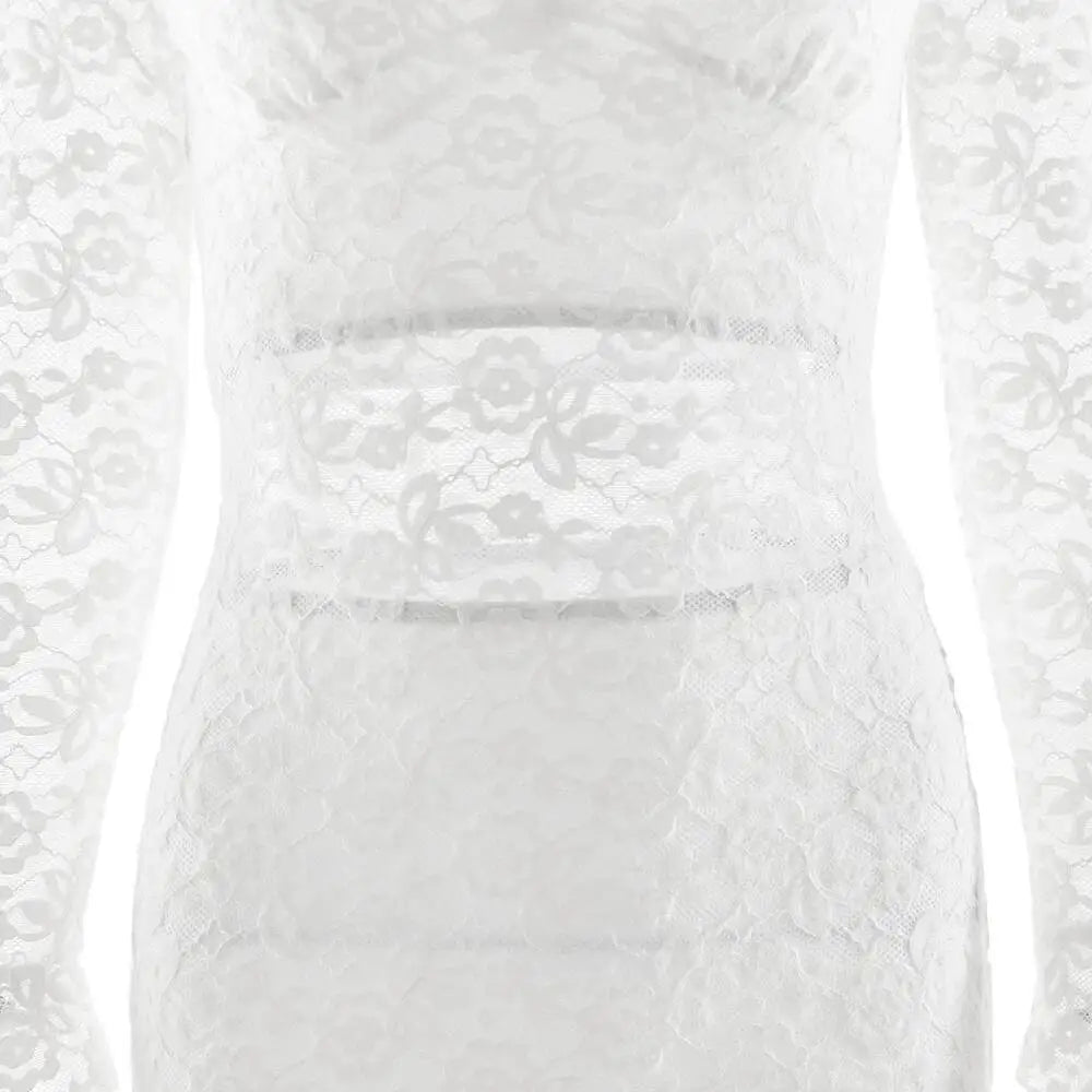 LIZAKOSHT  -  Sexy Deep V-neck Lace Women 3 Piece Sets White Long Sleeve See Through Dress Set Winter Slim Elegant Party Evening Dress