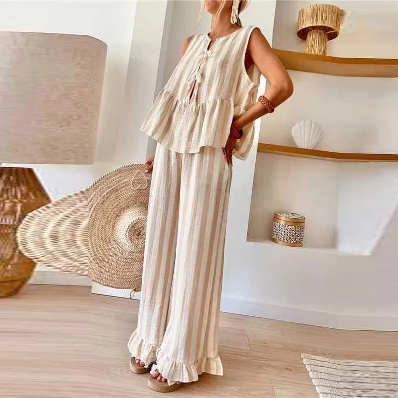 LIZAKOSHT  -  Women Ruffles Patchwork 2Pcs Set Female Outfits 2025 Casual Striped Print Tie-up Blouse&Wide Leg Pants Vacation Outfit Casual