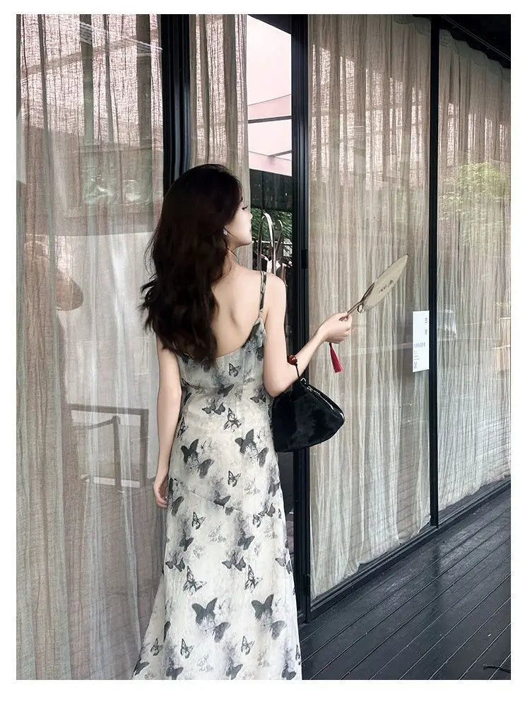 LIZAKOSHT  -  Temperament Female Dress Womens New Fashion Sexy Sleevess Long Skirt Elegant Summer Ink Butterfly Floral Camisole Dresses