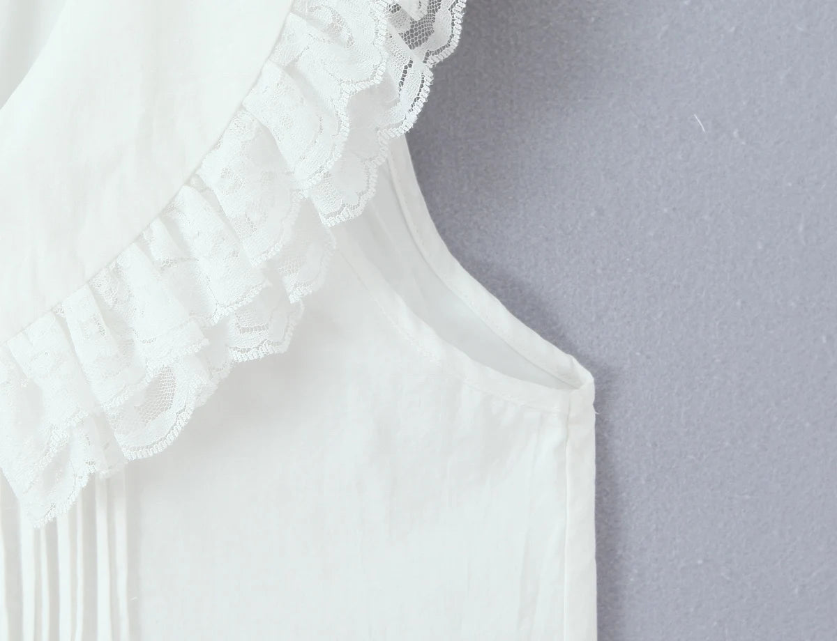 LIZAKOSHT  -  Sweet White Spliced Lace open Buttons Peter Pan Collar Mini Sleeveless Dress Women Wood ears Hem Loose Straight Short Vestidos