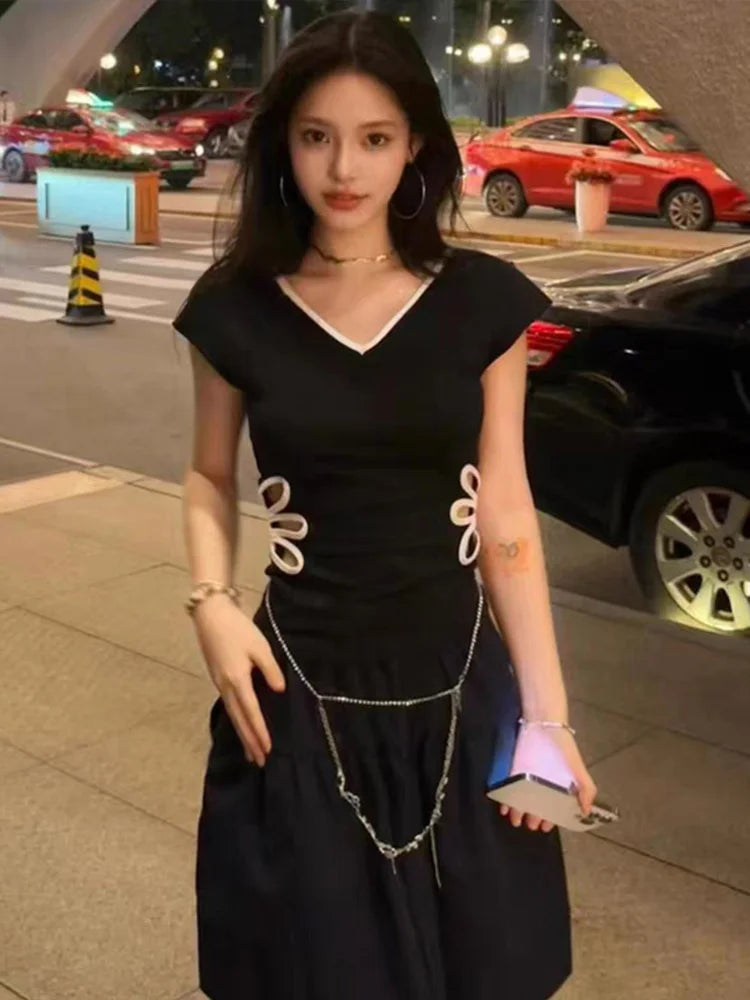 LIZAKOSHT  -  Casual Embroidery T-Shirt Women V Neck Slim Waist Hollow Out Short Sleeves Top Female 2025 Spring Fashion Patchwork Top Lady