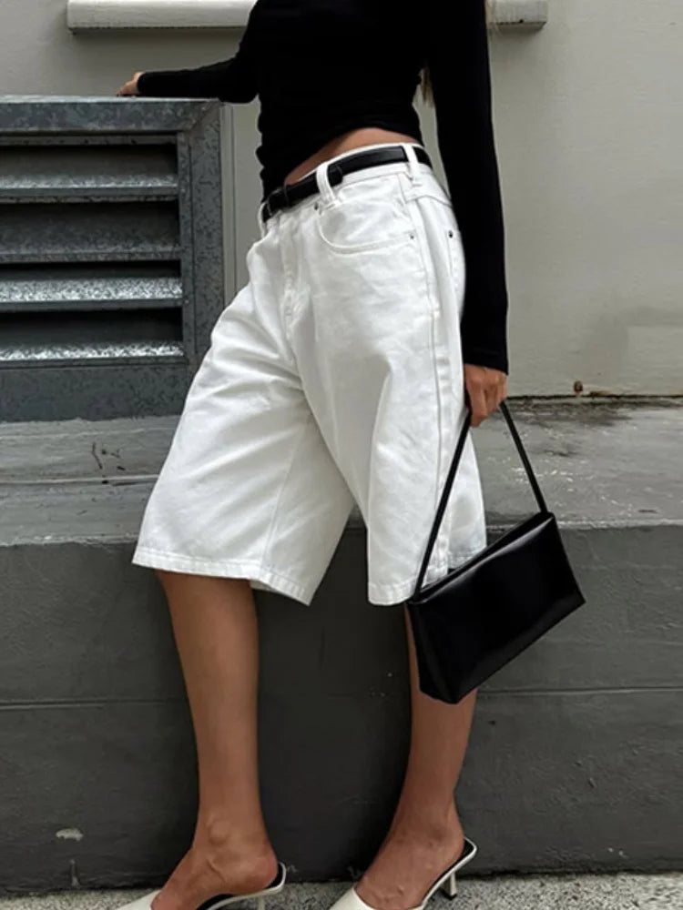 LIZAKOSHT  -  Denim Solid Casual Shorts Women Wide Leg High Wwaist Buggy Straight Short Jeans Female 2025 Summer Street Pocket Zipper Pants