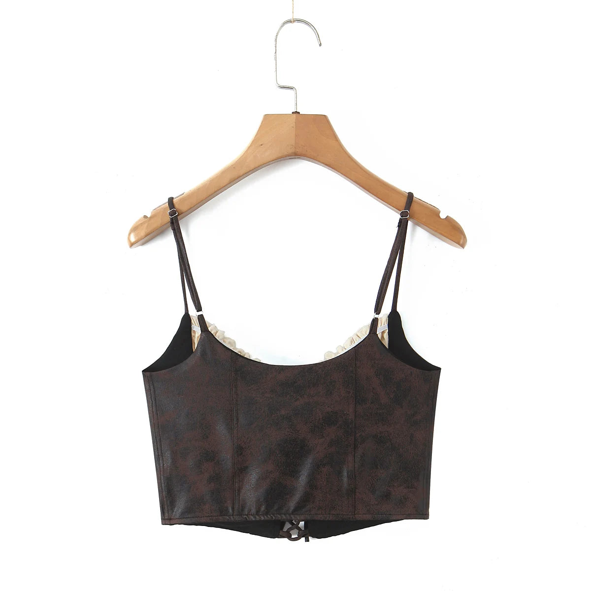 LIZAKOSHT  -  Sexy Brown Patchwork Wood ears Bra Corset Camis Women Cross Lacing up Bandage Bow Front Crop Top Camisoles Bra Tank Vest