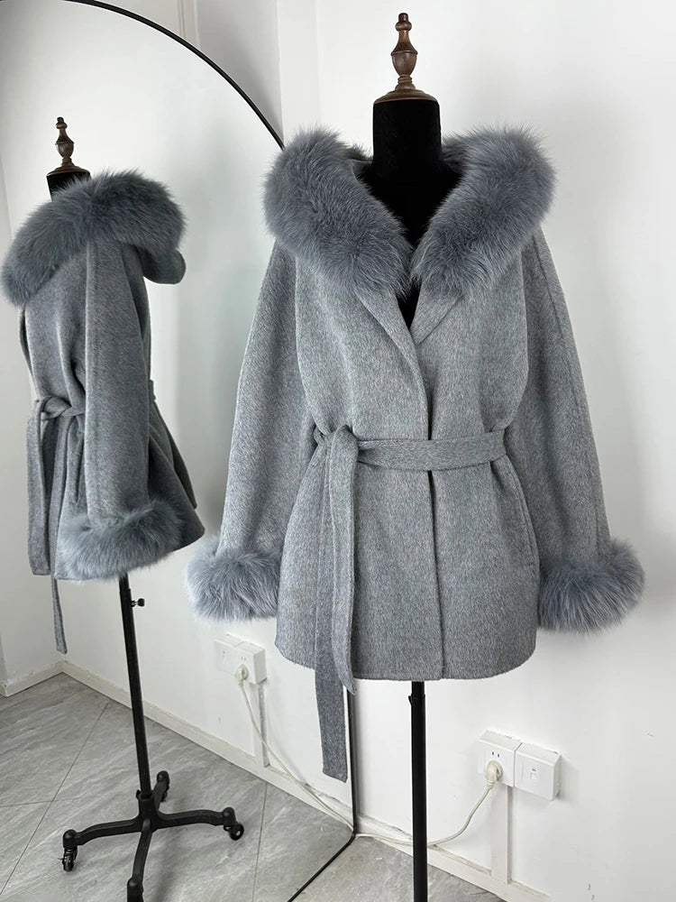 LIZAKOSHT  -  Elegant Lace Up Fur Patchwork Coat Women Loose Solid Long Sleeve V-neck Open Stitch Coats Female Autumn Fashion Jacket