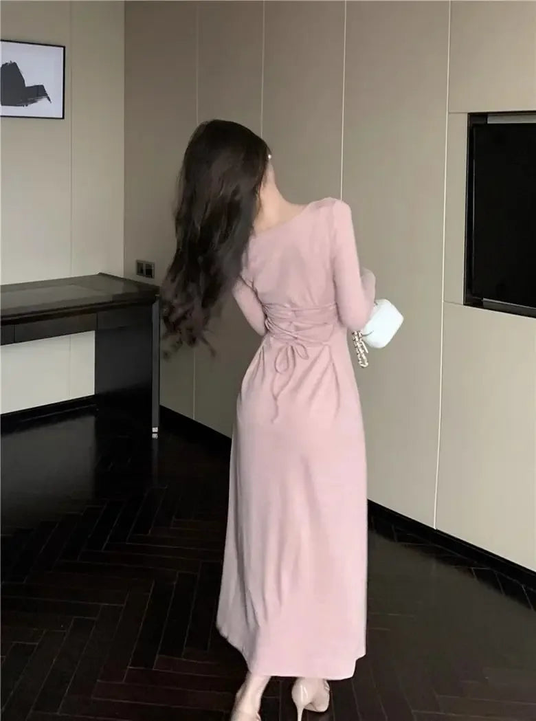 LIZAKOSHT  -  V-neck Lotus Leaf Dress Women's Strappy Waist Long-sleeved Gentle Style A-line Long Skirt
