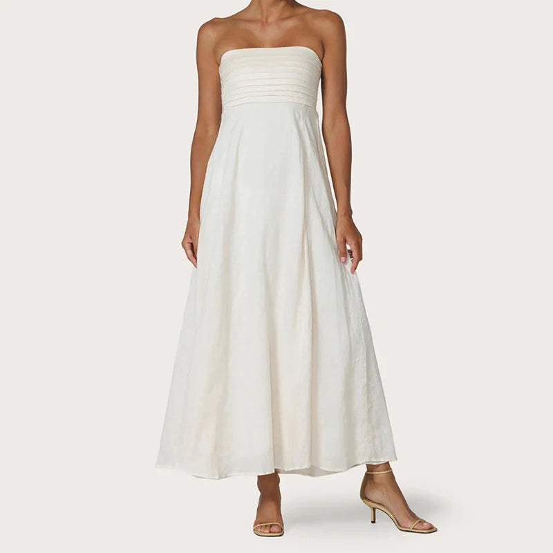 LIZAKOSHT  -  Women Tube Maxi Dress Ruched Strapless Bodice A Line Long Dress Elegant Lady Sleeveless Flowy Summer Sundress Cocktail Party