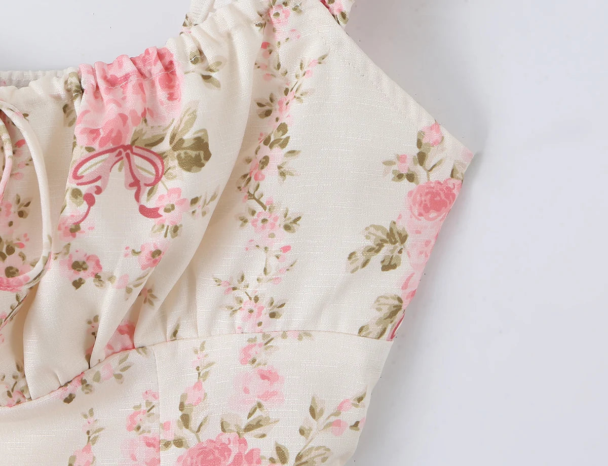 LIZAKOSHT  -  Sexy Pink Floral Print Bow Collar Elastic Strap Tank Top Slim Corset Women Lacing up Sashes Back Lace Hem Side Zipper Crop Vest
