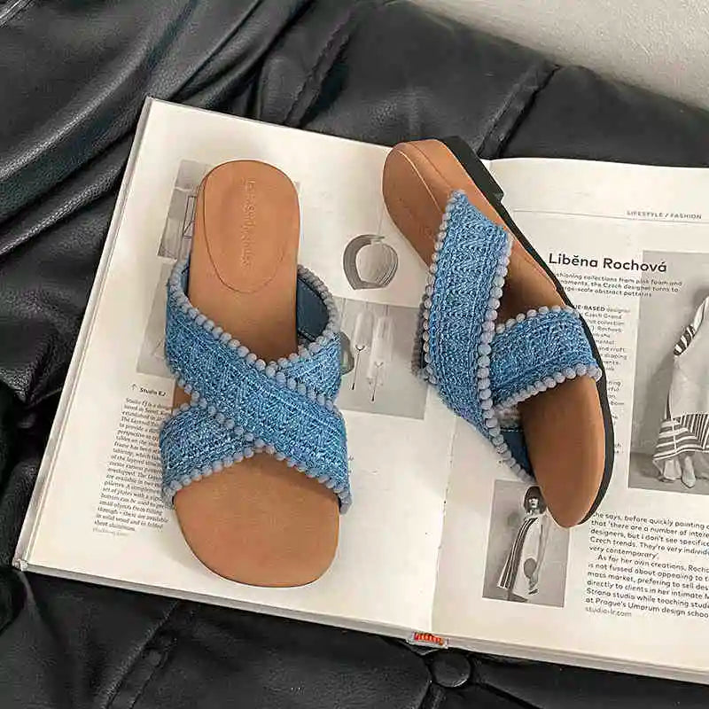 LIZAKOSHT  -  Summer Women Fashion Weave Cross Slippers Casual Comfort Wedges Heel Beach Vacation Slides Shoes