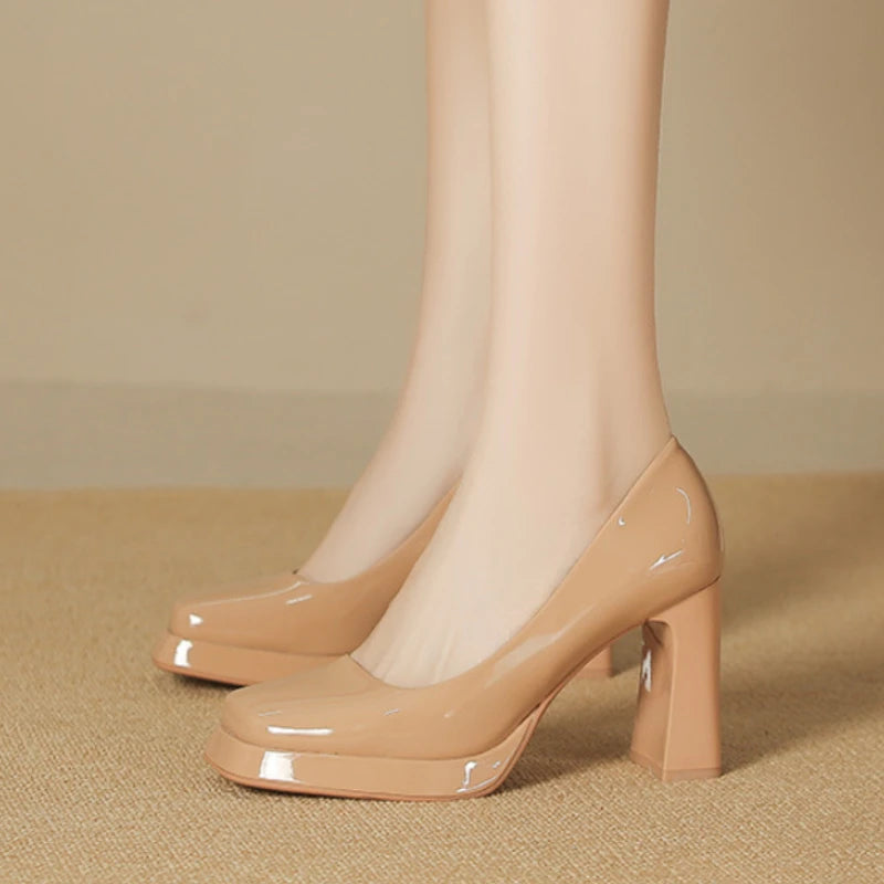 LIZAKOSHT  -  Patent Leather Platform High Heels Women Autumn New Shallow Elegant Office Shoes Square Heel Fashion Classics Sexy Pumps Women