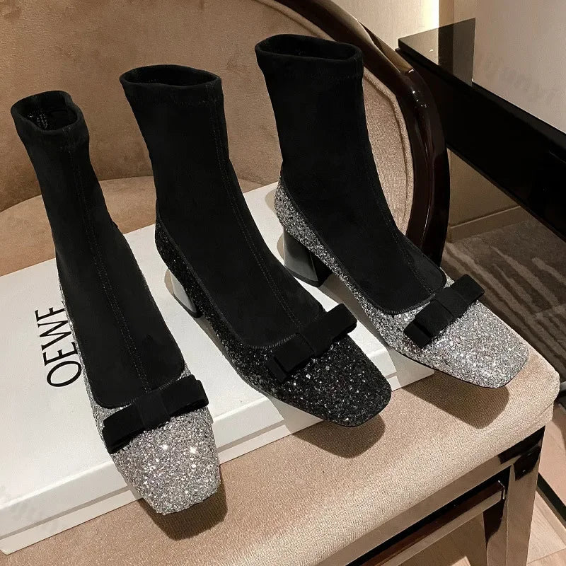 LIZAKOSHT  -  Fashion Shiny Women Mary Jane Socks Boots Designer Bowknot Slip-on Platform Ankle Boots 2025 New Autumn Thick High Heel Boots