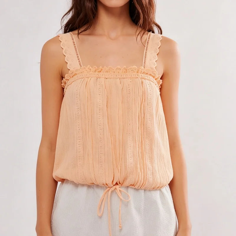 LIZAKOSHT  -  Women Y2K Lace Patchwork Tank Top Cute Solid Color Pleated Ruffle Hem Babydoll Vest Summer Fairy Grunge Crop Shirts ﻿