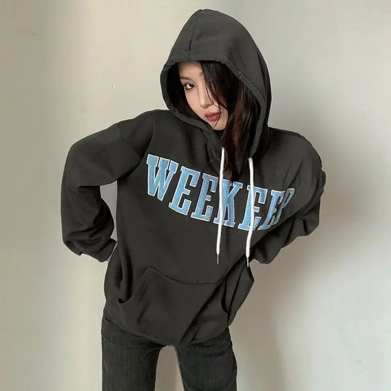 LIZAKOSHT  -  Hooded Sweatshirt High Quality With Letter Embroidery Flocking For Women Plus Velvet American Loose Slimming Inner And Outer Top