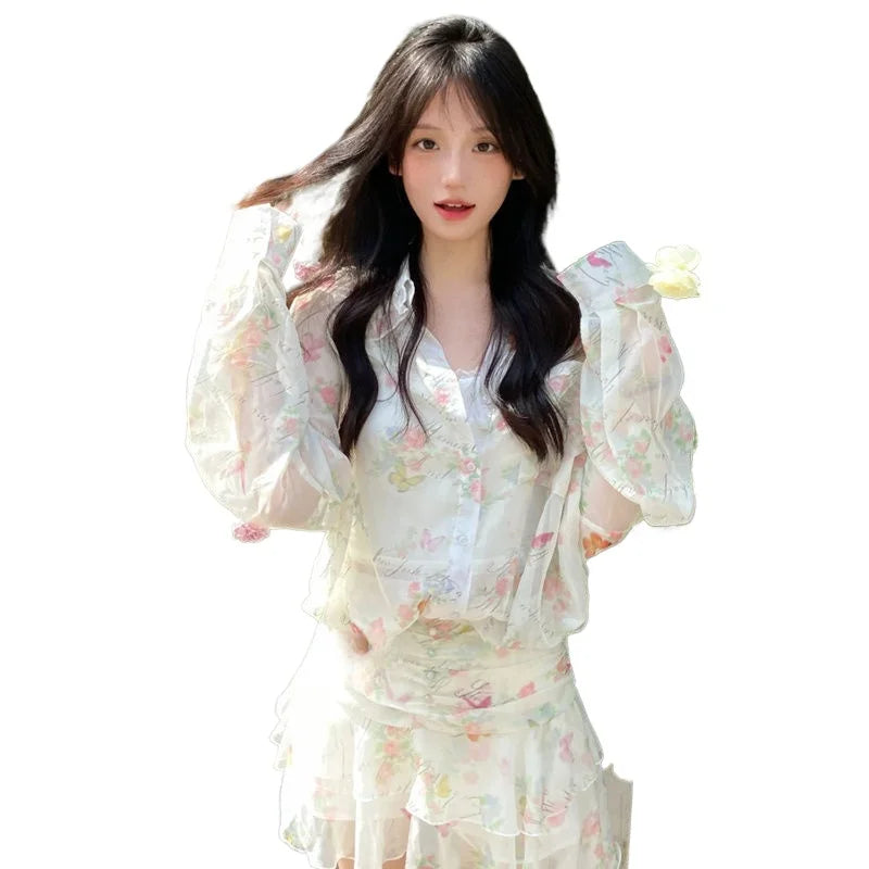 LIZAKOSHT  -  Japanese Kawaii 2 Piece Skirt Sets Women Casual Y2k Thin Floral Blouse + Short Skirts Beach Style Elegant Korean Fashion Suits