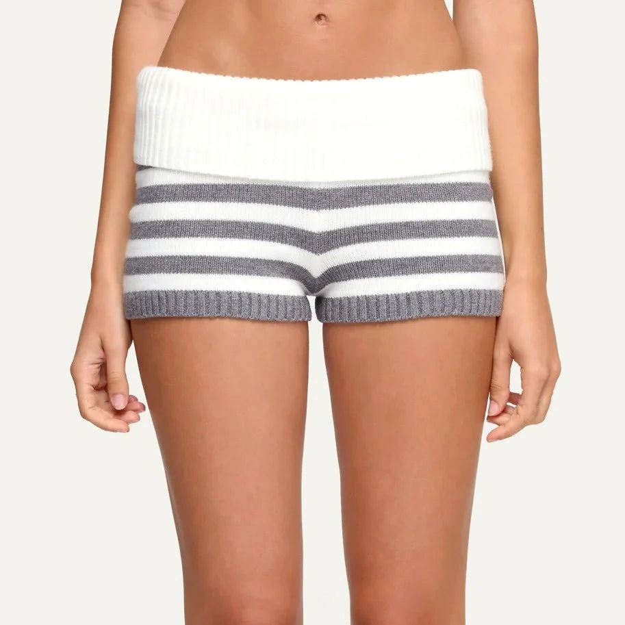LIZAKOSHT  -  Fashion Womens Knit Shorts Fold Over Low Rise Striped Bodycon Mini Shorts for Daily Office Party Club