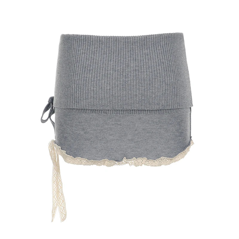 LIZAKOSHT  -  Sweetown Simple Casual Solid Lace Trim Bow Women’s Mini Short Knitted Fashion All-Match Sweet Cute Short