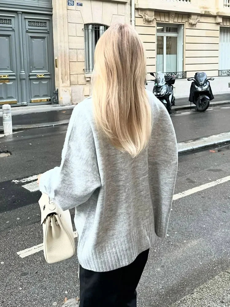 LIZAKOSHT  -  Elegant Solid Scarf Collar Knitted Cardigan Women Chic Full Sleeve With Pocket Loose Sweater New Autumn Lady Casual Street Wear
