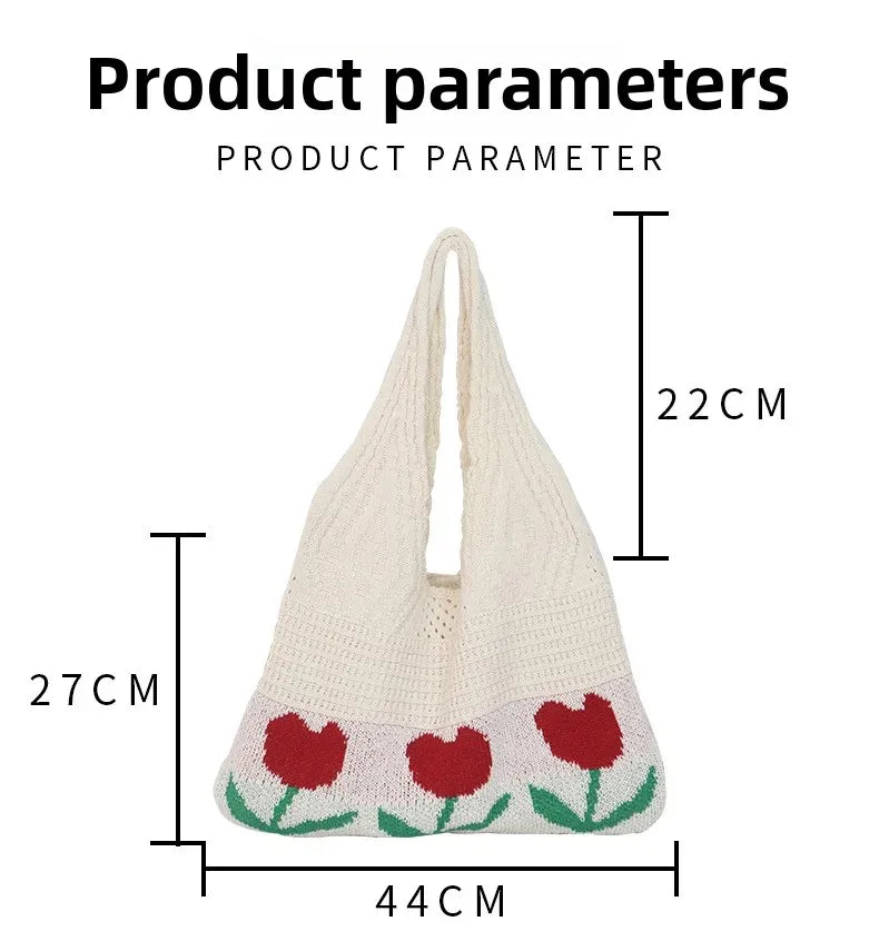 LIZAKOSHT  -  Floral Knitted Hollow out Yarn Single Shoulder Bag Vintage Style round Cylinder Soft Polyester Fiber Beach Travel Handbag