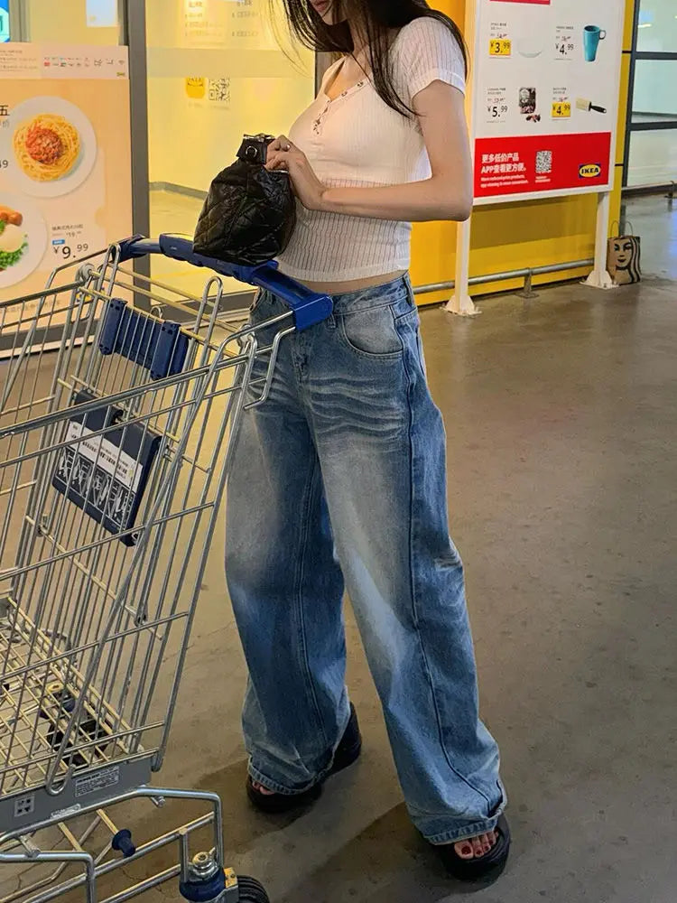 LIZAKOSHT  -  Simple Washed Blue High Waist Straight Jeans Stylish Street Trend Jeans Harajuku Hip Hop Hot Girl Y2k Jeans Women Clothing