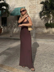 Lizakosht 2024 New Solid Pit Striped Knitted Dress U Collar Sleeveless Slim Suspender Maxi Dresses Elegant Fashion Summer Holiday Vestidos
