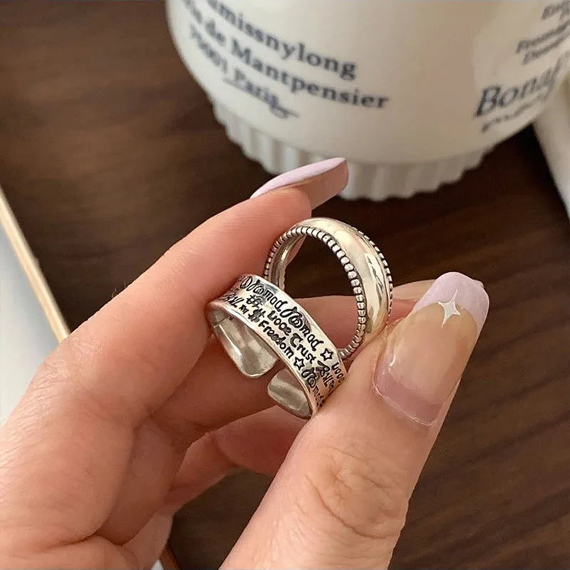 Lizakosht Silve Graffiti Letter Punk Ring for Women Girl Gift Retro Versatile Design Jewelry