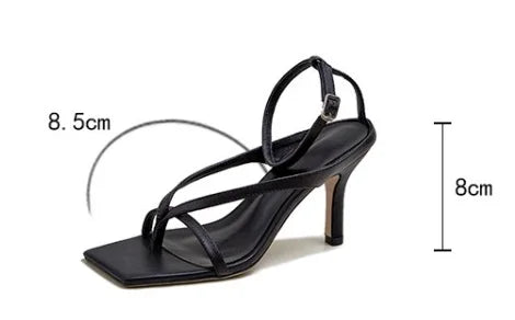 LIZAKOSHT  -  Women Genuine Leather Sandals Thin Heel Sandals High Heels Buckle Square Toe Ladies Footwear Summer Beige Black Red 39