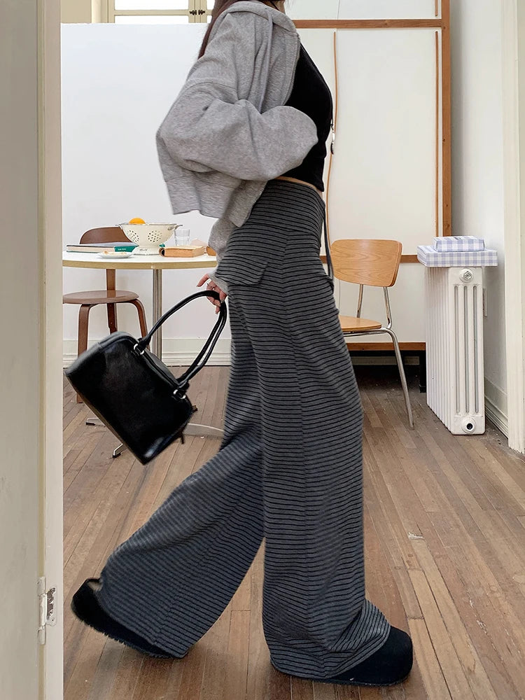 LIZAKOSHT  -  Harajuku Striped Women Pants Fall Winter Loose Casual Streetwear Wide Leg Trouser Female Retro Lace Up Straight High Waist Pants