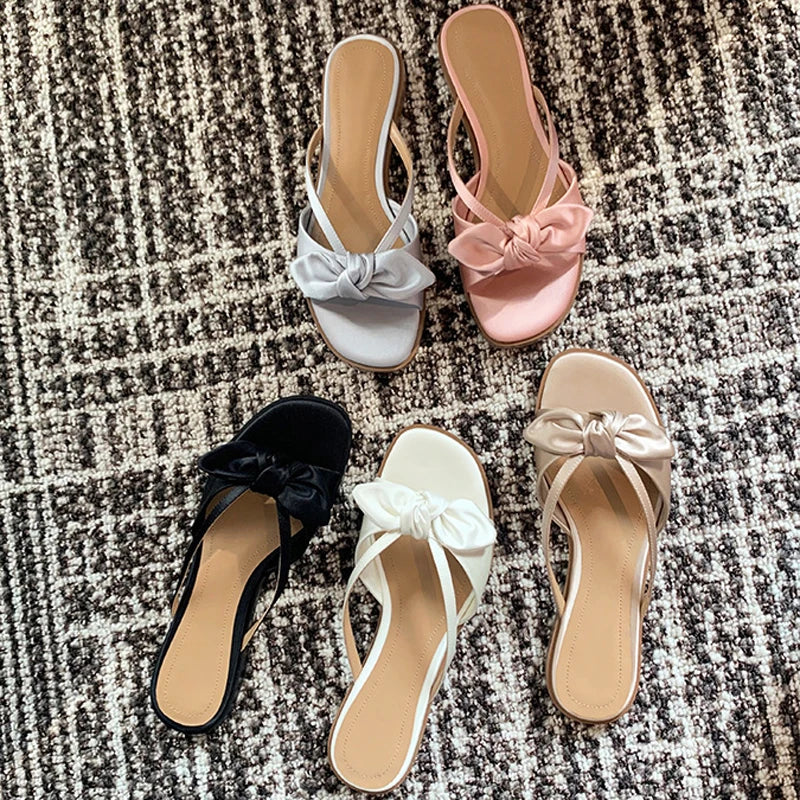 LIZAKOSHT  -  Luxury Silk Slippers Women Butterflyknot Slides Shoes Summer Ladies Low Heels Flat Sandals Femmes Evening Party Flip Flops