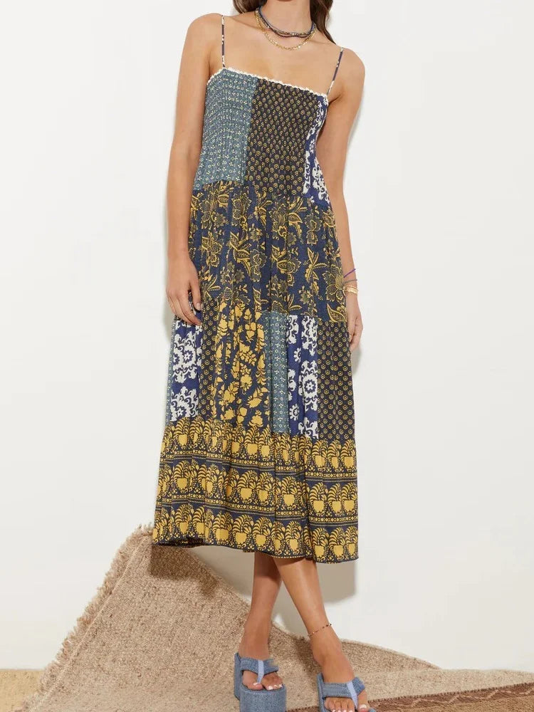 LIZAKOSHT  -  Vintage Women Summer Long Dress Bohemian Print Sleeveless Spaghetti Strap Beach Dress Female High Waist Vestidos
