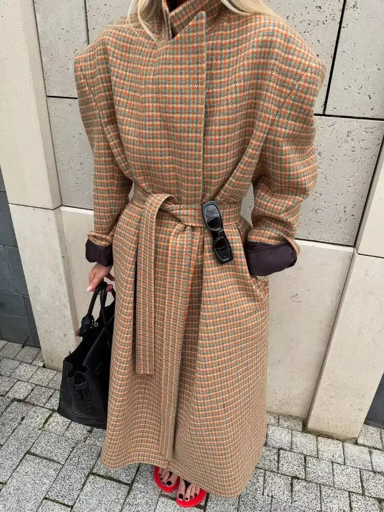 LIZAKOSHT  -  Women Checkered Coat Elegant Stand Collar Belted Long Loose Outerwear New Autumn Fashion Street Office Commute Lady Overcoat