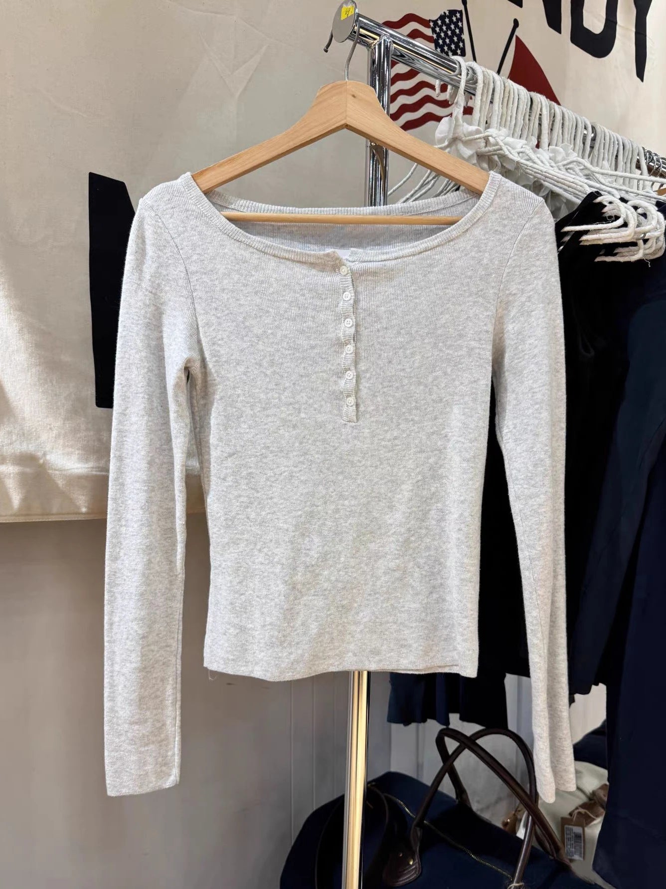 LIZAKOSHT  -  Six Buttons Knitted Long Sleeve T-shirts Autumn Scoop Neck Cotton Slim Tee Shirts Female Casual Simple All-match Woman's tee