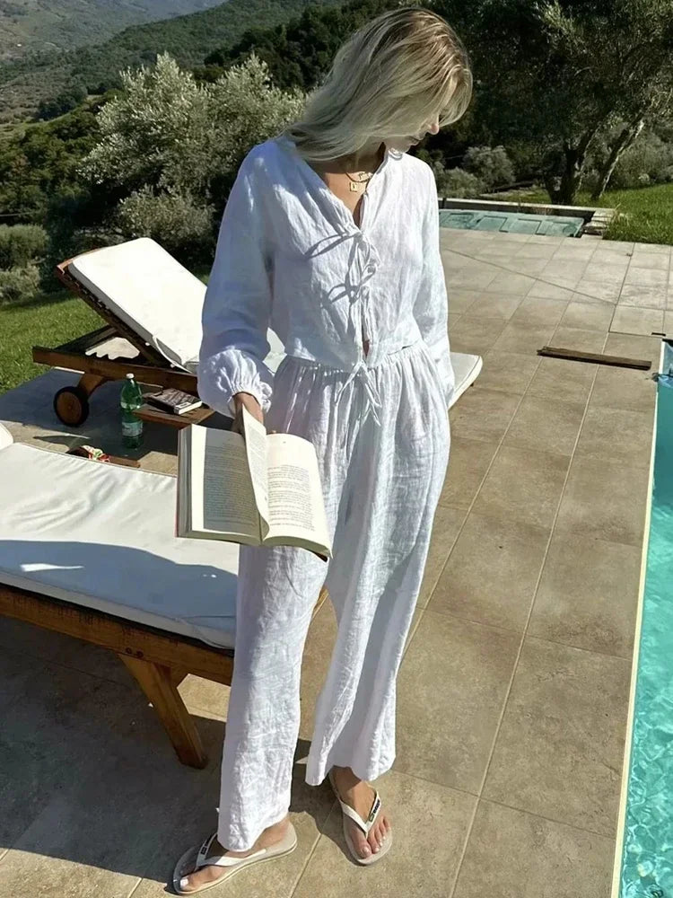 LIZAKOSHT  -  2 Pcs Loungewear Women Outfits Long Sleeve Cardigan Wide Leg Pants Set Loose Summer Beach Set Casual Home Suit Sleepwear