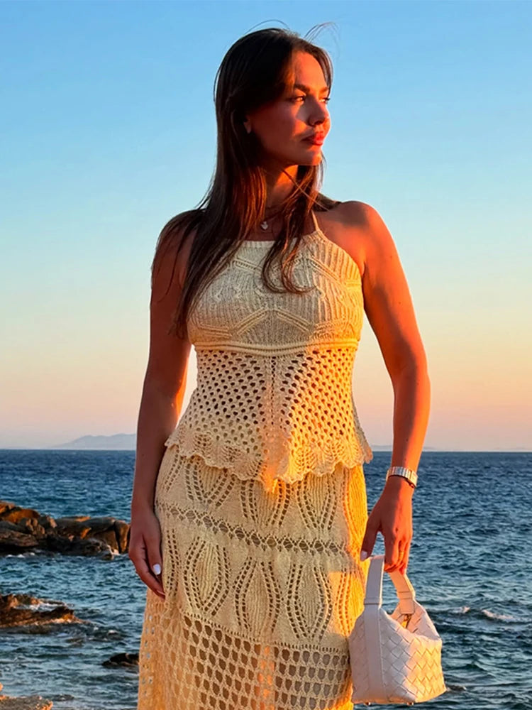 LIZAKOSHT  -  Fashion Crochet Women's Two Piece Set Halter Lace Up  Hollow Out Vest Pattern Long Skirt 2025 Summer Knit Beach Ladies Outfits