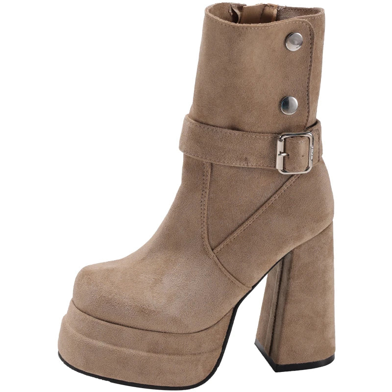 LIZAKOSHT  -  Autumn Winter Fashion High Heel Women Ankle Boots Belt Buckle Punk Shoes Ladies Short Botas Para Mujer