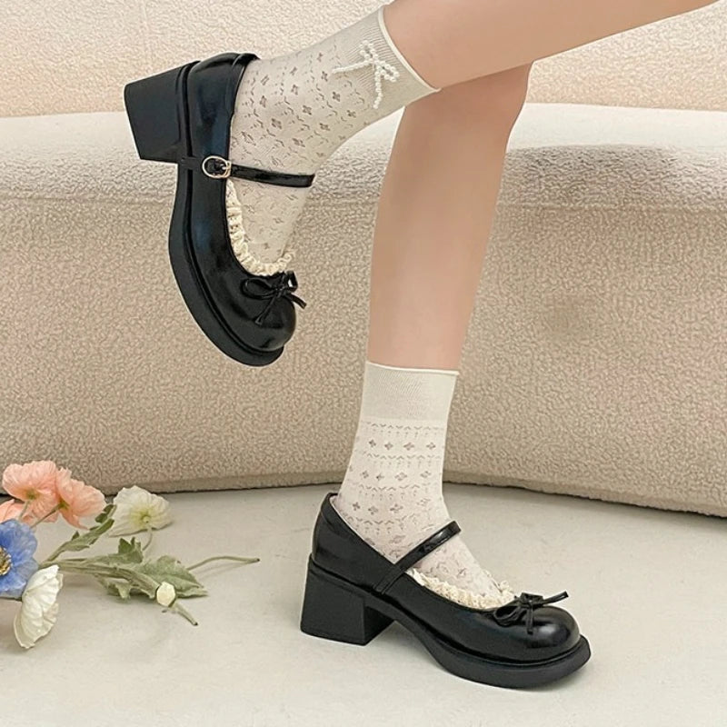 LIZAKOSHT  -  Cute Polka Dot Thick Heel Women Mary Jane Shoes Comfort Shallow Strap Pumps Ladies Eelgant Butterfly-knot Dress Single Shoes