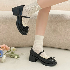 LIZAKOSHT  -  Cute Polka Dot Thick Heel Women Mary Jane Shoes Comfort Shallow Strap Pumps Ladies Eelgant Butterfly-knot Dress Single Shoes