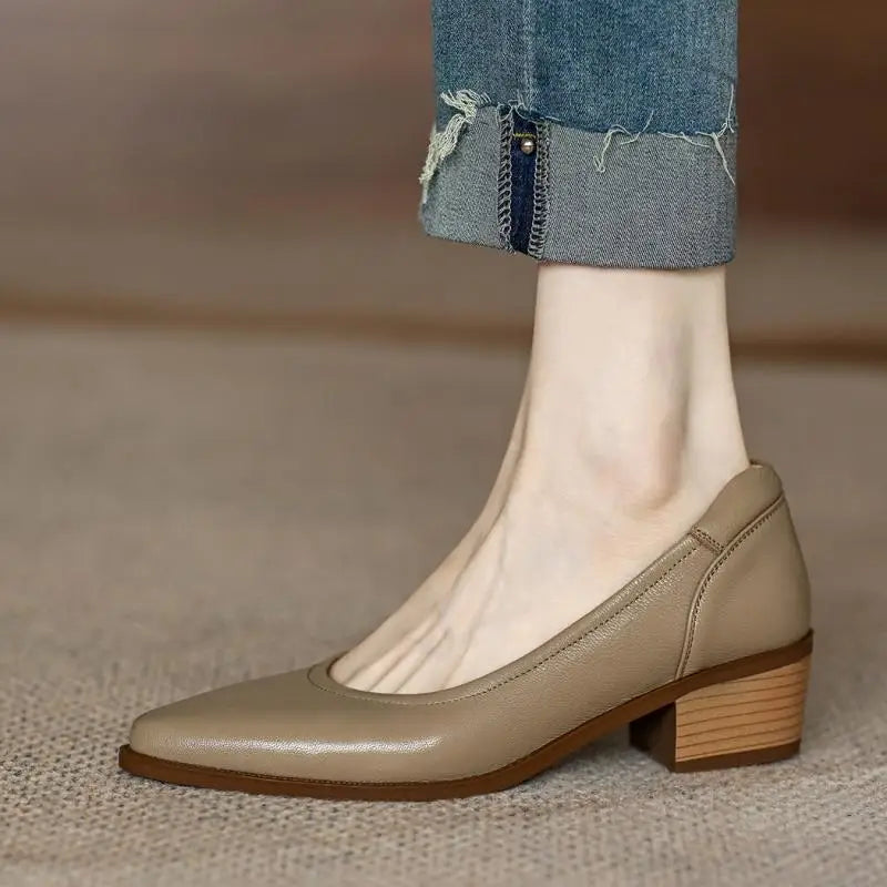 LIZAKOSHT  -  Women's Shoes Pumps Retro Brown Pointed Toe Thick Heels Spring Autumn Office Ladies Dress Pu Leather Fashion Elegant Woman Shoes