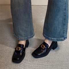 LIZAKOSHT  -  Women's Leather Shoes New Retro White Chunky Heel Loafers Women's British Style High Heels Metal Buckle Thick Heel Single Shoes