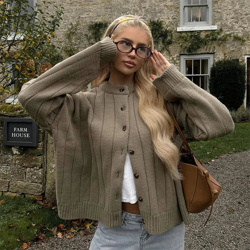 LIZAKOSHT  -  Chic Solid Sweater For Women O-neck Full Sleeve Loose Single Breasted Short Cardigan 2025 Autumn Female Daily Casual Outerwear