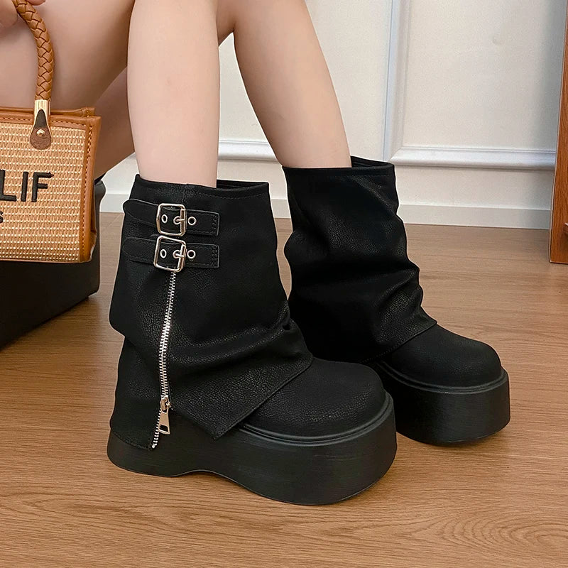 LIZAKOSHT  -  Autumn Winter Chunky Thick Sole Women Pipe Ankle Boots Designer Belt Buckle Platform Heel Shoes Modern Short Botas Para Mujer