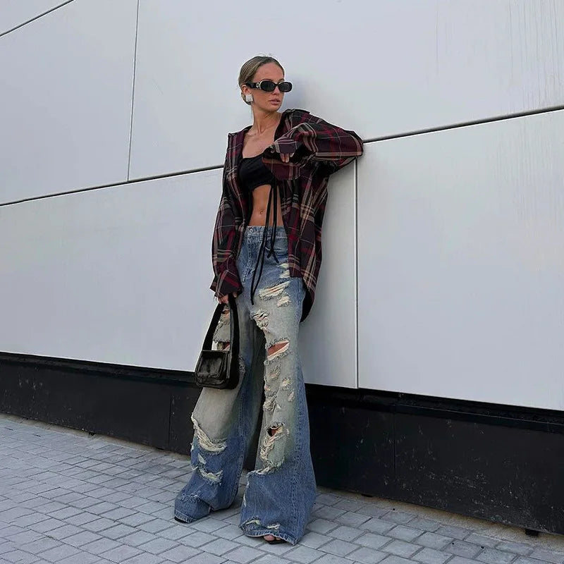 LIZAKOSHT  -  High Street Hip-hop Ripped Jeans Spicy Girl Y2K Loose Casual Pants Spring/summer Women's Fashionable Wide Leg Pants