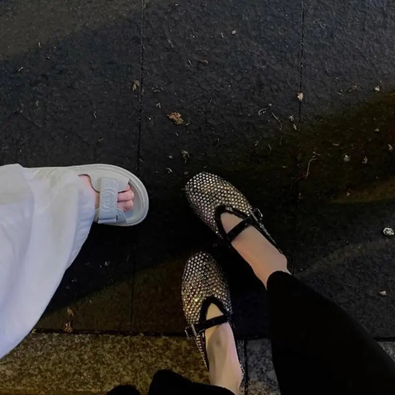 LIZAKOSHT  -  Summer Fashion Designer Rhinestones Round Toe Mary Janes Women Flat Mesh Sandals Buckle Strap Comfortable Outdoor Dress Shoes