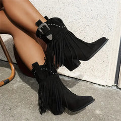 LIZAKOSHT  -  EUR Size 43 Black Square Heels Ankle Boots Women Brown Pointy Toe Fringes Cowboy Boots Gypsy Tassels Western Boots Shoes
