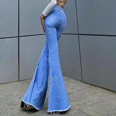 LIZAKOSHT  -  Solid Color Butterfly Print High Waist Bag Hip Casual Denim Flared Trousers 2024 Autumn Fashion Street Style Women's Trousers