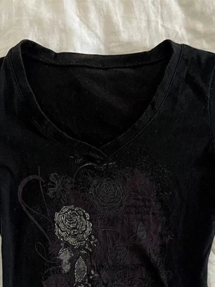 LIZAKOSHT  -  Y2k Aesthetic Flower Printing Women Grunge T-shirts Vintage Slim Harajuku Causal Black Tshirts 2024 Summer Bottoming Crop Tops