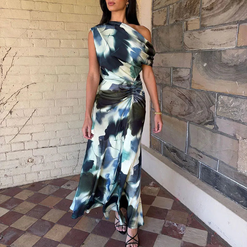 LIZAKOSHT  -  Women Fashion Irregular Hight Waist Holiday Dress Casual Sleeveless Print Party Dress Elegant Slant Shoulder Draped Long Dress